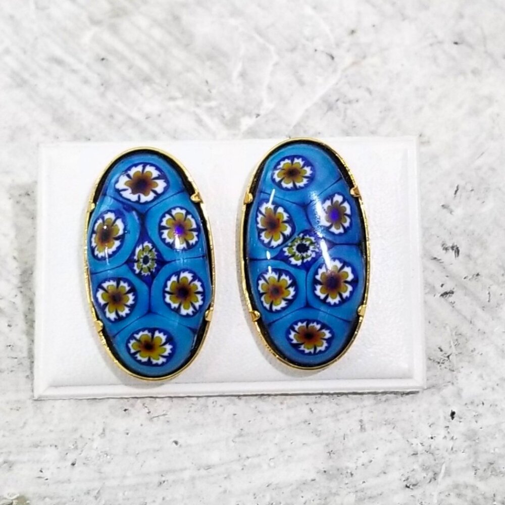 Vintage Millifiore Blue Enamel Post Earrings Venetian Boho Murano Gold Metal